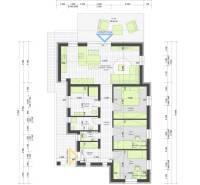 Floor plan of a family house with a terrace and room layout. House construction.