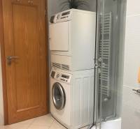A bathroom in a 3-room apartment with a shower, washing machine, and dryer.