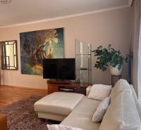 Living room in a 3-room apartment with a couch, television, plants, and a colorful painting on the wall.