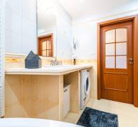 Bathroom in a 3-room apartment with wooden doors and a washing machine.