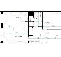 Floor plan of a 3-room apartment with a kitchen, living room, bedroom, and balcony.