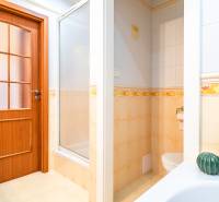 Bathroom with a shower and decorations in a 3-room apartment.