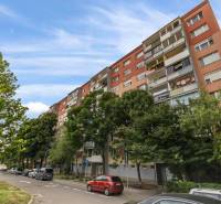 A container house on Bratislavská Street in Senec surrounded by greenery and parked cars.