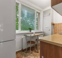 A kitchen in a 3-room apartment with a dining table and a view of greenery.