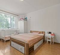 Bedroom with a crib, bed, and wooden floor in a 3-room apartment.