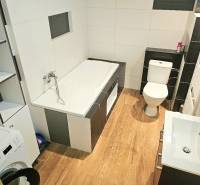 Bathroom of a 2-room apartment with a bathtub, sink, toilet, and washing machine.