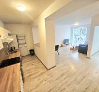 A kitchen connected to the living room in a 2-room apartment, light floors, minimalist furniture.