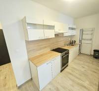 The kitchen in a 2-room apartment with a cooktop and light cabinets.