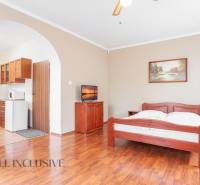 A room with a wooden bed, kitchenette, and television in hotels and guesthouses.