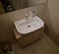 Bathroom with a sink and cabinet in a studio apartment, a trash can is also visible.