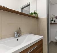 A bathroom with a sink and toilet, decorated with plants and paintings.