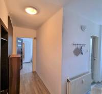 A hallway in a 2-room apartment with a wooden floor and white walls.
