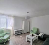 Living room in a two-room apartment with furniture, green armchairs, and a table.
