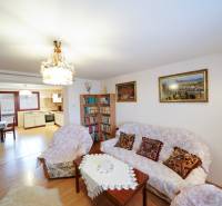 Living room in a family house with a sofa, chandelier, and open kitchen.