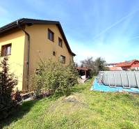 A family house in Vyšná Myšľa with a swimming pool, garden, and shrubs on a green yard.