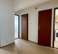 A hallway with three brown doors in a 3-room apartment, entrance to the kitchen.