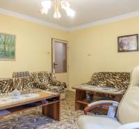 Living room in a family house with a sofa, an armchair, and paintings on the walls.