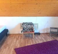 Attic room in a cottage with a bed, chair, purple carpet, and wooden paneling.