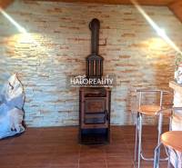 A cottage with a fireplace, wooden chairs, and a bar counter creates a cozy atmosphere.