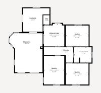 Floor plan of a family house with a kitchen, living room, bedrooms, and entrance hall.
