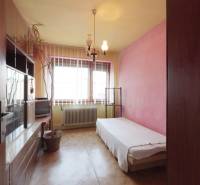A room in a family house with a bed, cabinets, a plant, and a window with a radiator.