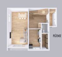Ground floor plan of a family house with a staircase, kitchen, and living room.