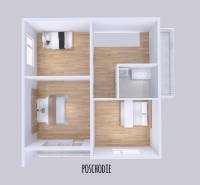 The floor of the family house consists of three rooms and a bathroom.