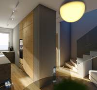 A kitchen in a 4-room apartment with wooden furniture, a staircase, and modern equipment.