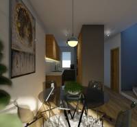 Dining table with chairs, staircase, and kitchen in a 4-room apartment.