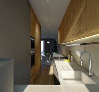 A kitchen in a 4-room apartment with wooden furniture and a countertop.
