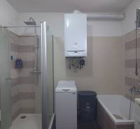 Bathroom with a bathtub, shower, washing machine, and gas boiler in a family house.