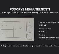 Floor plan of a 3-room apartment with balconies and parking, total area 72.84 m².