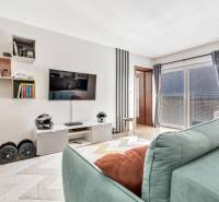 Living room in a 3-room apartment with a television, shelves, a couch, and large windows.