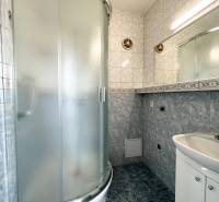 Bathroom in a 2-room apartment with a corner shower and a sink with storage space.