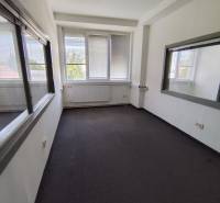 A narrow office with windows and carpet, white walls, suitable for a workspace.