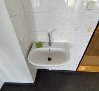A sink in the office bathroom with white tiles and a dark carpet.