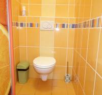 A toilet in a 3-room apartment with orange-yellow tiles and orange decoration.