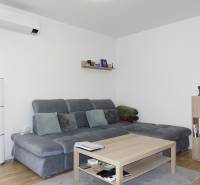 Living room in a 3-room apartment with a comfortable sofa, a shelf, and a wooden table.