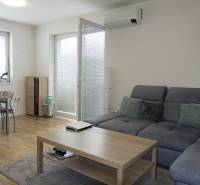 Living room in a three-room apartment with a comfortable sofa, coffee table, and dining table.