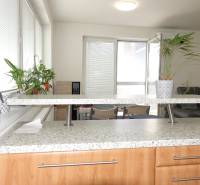A kitchen unit in a 3-room apartment with indoor plants and seating.