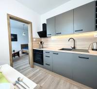 A kitchen in a studio apartment with wooden elements, an entrance to the bedroom, and modern equipment.