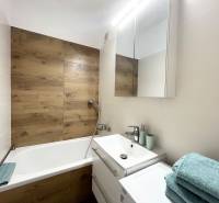 A bathroom in a studio apartment with a bathtub, a mirrored cabinet, and light blue towels.