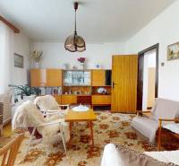 Living room with retro furniture, flowers, and a carpet in a family house.