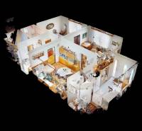 3D floor plan of a family house showing the layout of rooms and interior furnishings.