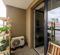 The balcony of a one-room apartment on Miletičova Street in Bratislava-Ružinov with plants and seating.