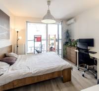 Bright 1-bedroom apartment with a double bed, a desk, and a balcony.