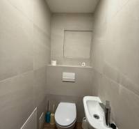 Bathroom with toilet and sink in a 2-room apartment, light tiles, wooden floor.