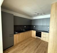 A kitchen in a 2-room apartment with a wooden floor and mixed cabinets.