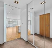 A hallway in a 3-room apartment with tiles, a mirrored wardrobe, and an entrance to the living room.
