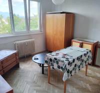 A room in a 2-room apartment with wooden furniture and a view of nature from the window.